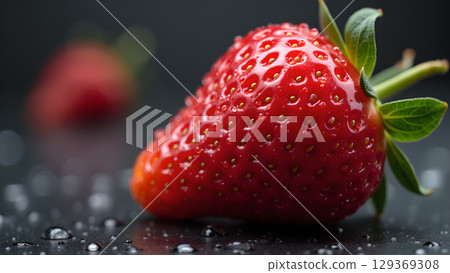 Close-up shot showcases a fresh, juicy red strawberry with green leaves on a dark surface 129369308