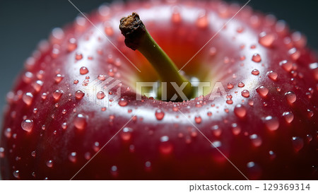 Macro shot of a vibrant red apple covered in water droplets glistening under soft light, very tasty 129369314