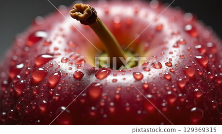 Close up of a red apple with water droplets showing freshness and natural beauty 129369315