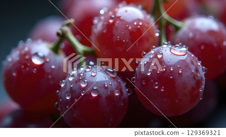 Close up on fresh red grapes covered in droplets of water for a vibrant healthy snack 129369321