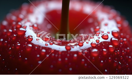 Close-up shot of a vibrant red apple covered in glistening water droplets creating a fresh look 129369322