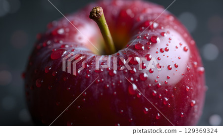 Fresh red apple glistening with water droplets, showcasing the beauty of nature's bounty and healthy eating 129369324