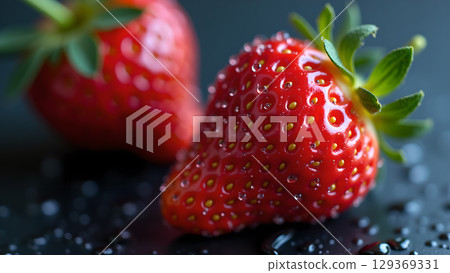 Close up of fresh strawberries covered in water droplets against a dark backdrop showcases vibrant color Close up of fresh strawberries covered in water droplets against a dark backdrop showcases vibrant color 129369331