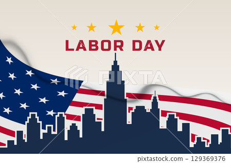 labor day city skyline with waving flag 129369376