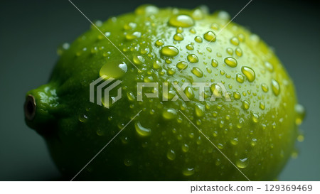 Close up capturing a fresh green lime with water droplets highlighting its juicy texture and vibrant color 129369469