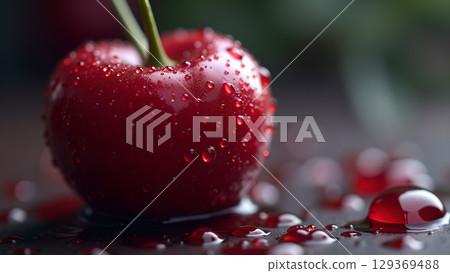 A fresh and juicy wet cherry glistening with droplets showcases the beauty of summer fruits perfect for healthy eating 129369488
