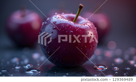 Close-up of red plums with water droplets, highlighting their vibrant color and freshness on surface 129369489