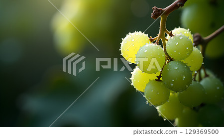 Fresh green grapes covered in water droplets hanging from a vine in natural sunlight Fresh green grapes covered in water droplets hanging from a vine in natural sunlight 129369500