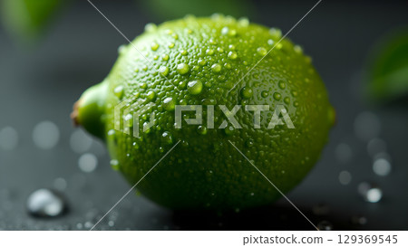 Close up shot of a fresh juicy lime with water droplets reflecting light for freshness Close up shot of a fresh juicy lime with water droplets reflecting light for freshness 129369545