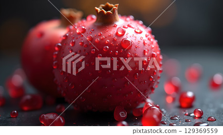 Two fresh pomegranates with glistening water droplets on their surfaces and seeds, a vibrant healthy treat 129369559