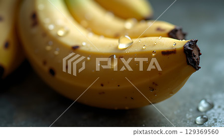 Close-up of a bunch of ripe bananas with water droplets for health and nutrition images Close-up of a bunch of ripe bananas with water droplets for health and nutrition images 129369560