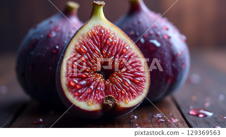 Exquisite Fig Delight Aromatic Sensation: A Sliced Fig Displaying Vibrant Flesh and Fresh Droplets of Water 129369563