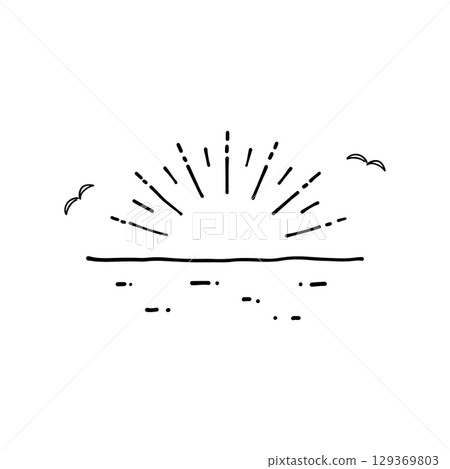 Hand-drawn illustration of the sea, sun and seagulls Summer landscape Vector, line drawing 129369803