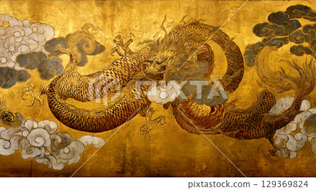 Golden dragon Japanese style background 129369824