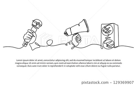 Continuous line design of provide information through loudspeaker. Single line decorative element drawn on white. 129369907