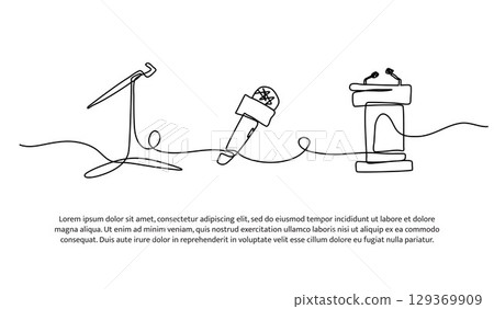 Continuous line design of mic on stand and podium. Single line decorative element drawn on white. 129369909