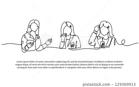 Continuous line design of press conference. Single line decorative element drawn on white. Continuous line design of press conference. Single line decorative element drawn on white. 129369913