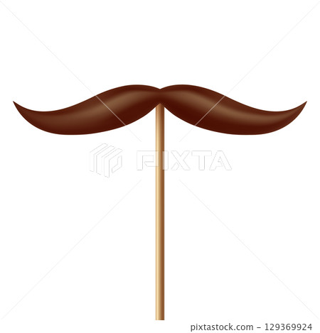 Vector 3d Realistic Brown Mustache Prop on Stick, Isolated. Simple Mustache for Party, Photo Booth, Masquerade, Costume, Funny Carnival, Cosplay, Hipster Style 129369924