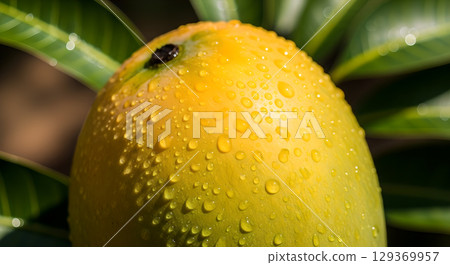 Fresh and vibrant yellow mango with water droplets against a leafy green background is shown 129369957