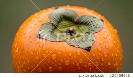 Close up captures the vibrant details of a fresh persimmon fruit covered in water droplets Close up captures the vibrant details of a fresh persimmon fruit covered in water droplets 129369968