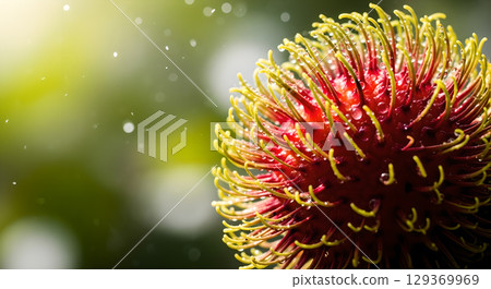 A close up of a rambutan fruit shows the vibrant colors and unique texture under natural light, a tropical delight 129369969