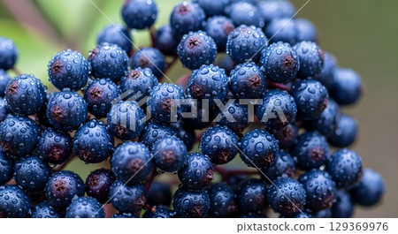 Close up macro of elderberry with water droplets creating a beautiful nature scene of freshness 129369976