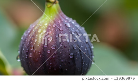 Captivating close up shot of a ripe fig with glistening water droplets on its skin showing freshness Captivating close up shot of a ripe fig with glistening water droplets on its skin showing freshness 129369979