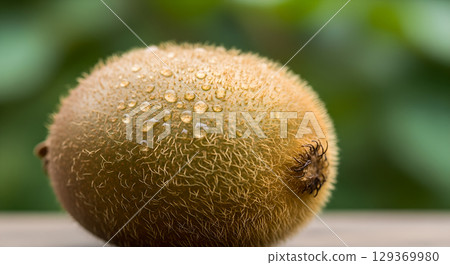 Captivating close up of a fresh kiwi fruit with water droplets revealing its exquisite texture 129369980