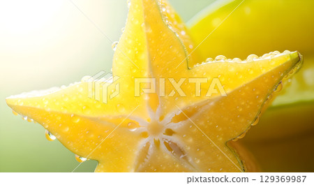 Close up of a vibrant yellow star fruit slice with water droplets creating a refreshing look 129369987