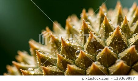 Close up of a Durian fruit with water droplets reflecting light, showcasing exotic textures and detail Close up of a Durian fruit with water droplets reflecting light, showcasing exotic textures and detail 129369997