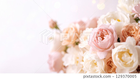 Bouquet of peonies in soft colors Elegant floral background 129370005
