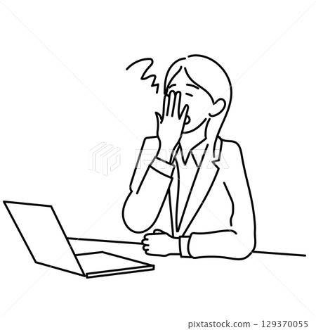 圖庫插圖: 一位女性商務人士在辦公桌前打哈欠的線條畫向量 129370055