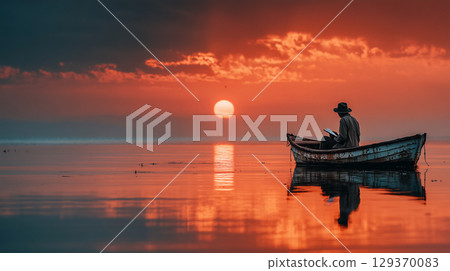 A boat and a man floating on a lake at sunset - a moment of silence and poetry 129370083