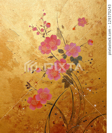金色螢幕上的粉紅色花朵日式背景 129370243