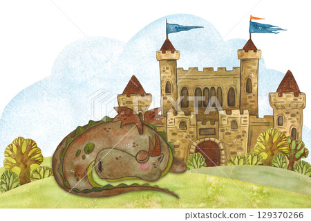 A fairy-tale composition of a sleeping dragon lies next to an old castle among green hills. Watercolor illustration hand drawn, cartoon. Drawing for stickers, poster, cards, print, books  129370266