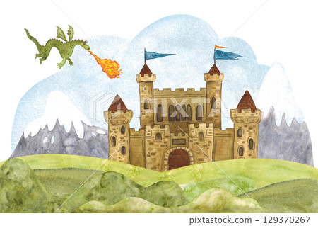 A fairy-tale composition with a flying dragon spewing fire towards an old castle standing among mountains and green hills. Watercolor illustration hand drawn, cartoon. Drawing children's books 129370267