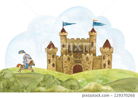 Medieval castle with flags on towers on hills to it gallops knight in armor in background. Watercolor illustration hand drawn, cartoon. drawing for stickers, cards, printing, scrapbooking 129370268