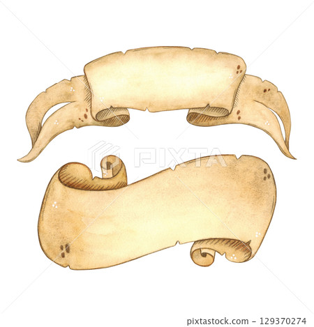 Set of two parchment ribbons. Watercolor illustration hand drawn. Drawing for cards, invitations, posters, labels. History, fairy tale, letter, paper 129370274