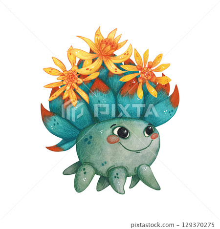 Magic bright character plant with orange flowers. Watercolor illustration, hand drawn, cartoon. For scrapbooking, journaling, stickers, printing. Plant, flower, fruit, character, funny, magic 129370275