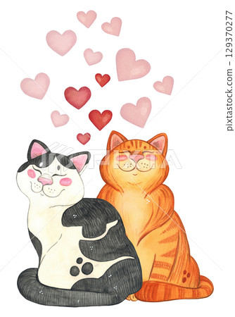 Template for postcard red cat and black and white cat on red hearts. Hand drawn watercolor illustration. Animals, cat, cat, heart Template for postcard red cat and black and white cat on red hearts. Hand drawn watercolor illustration. Animals, cat, cat, heart 129370277