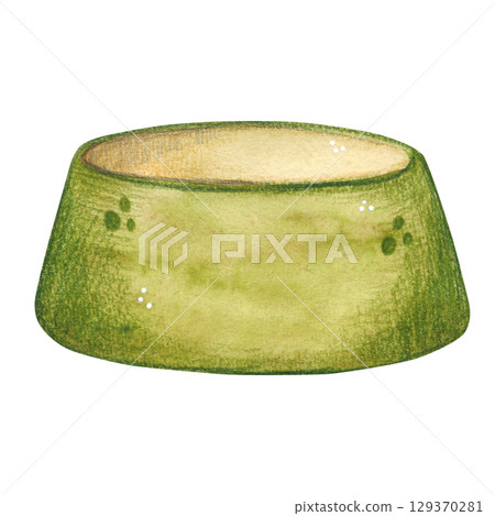 Green cup for pet food. Watercolor illustration hand drawn, cartoon. Drawing for stickers, cards, posters. Feed, cat, food, nutrition, cup, green, bowl, treat Green cup for pet food. Watercolor illustration hand drawn, cartoon. Drawing for stickers, cards, posters. Feed, cat, food, nutrition, cup, green, bowl, treat 129370281