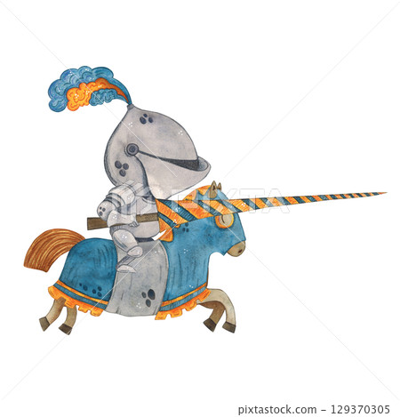 Knight in armor riding a horse in a blanket with a spear. Watercolor illustration hand drawn, cartoon. Drawing for cards, stickers, scrapbooking. Middle Ages, history Knight in armor riding a horse in a blanket with a spear. Watercolor illustration hand drawn, cartoon. Drawing for cards, stickers, scrapbooking. Middle Ages, history 129370305