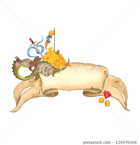 Composition, dragon with a key in its paw next to a pile of gold on the background of a ribbon of old parchment. Watercolor illustration hand-drawn, cartoon. For scrapbooking, journaling Composition, dragon with a key in its paw next to a pile of gold on the background of a ribbon of old parchment. Watercolor illustration hand-drawn, cartoon. For scrapbooking, journaling 129370306