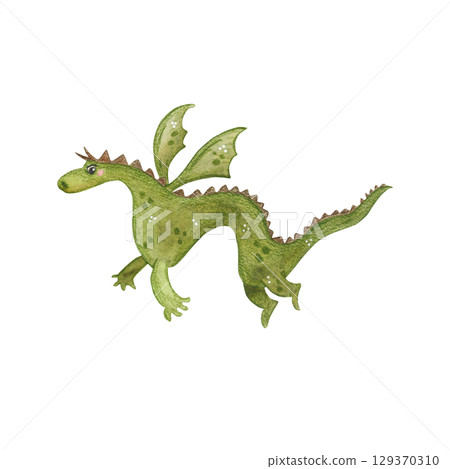 Fairytale green dragon flies. Watercolor illustration hand drawn, cartoon. Drawing for stickers, posters, cards, prints, children's books. dragon, animal, fairy tale 129370310
