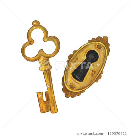 Set of two items, key and keyhole. Watercolor hand drawn illustration. Drawing for cards, invitations, posters, labels. History, fairy tale, castle, golden, door, alice in wonderla Set of two items, key and keyhole. Watercolor hand drawn illustration. Drawing for cards, invitations, posters, labels. History, fairy tale, castle, golden, door, alice in wonderla 129370311