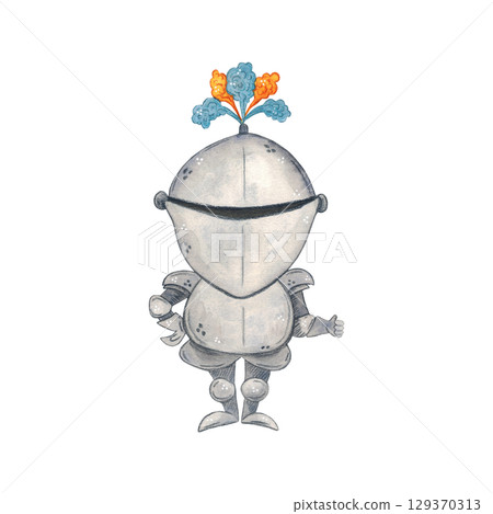 Knight in armor and a helmet with feathers. Watercolor illustration hand drawn, cartoon. Drawing for cards, stickers, scrapbooking. Middle Ages, history, tournament, battle, competition, knight, cost Knight in armor and a helmet with feathers. Watercolor illustration hand drawn, cartoon. Drawing for cards, stickers, scrapbooking. Middle Ages, history, tournament, battle, competition, knight, cost 129370313