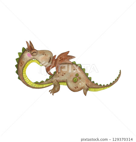 Fairytale dragon in flight, brown with a green belly. Watercolor illustration hand drawn, cartoon. Drawing for stickers, posters, cards, prints, children's books Fairytale dragon in flight, brown with a green belly. Watercolor illustration hand drawn, cartoon. Drawing for stickers, posters, cards, prints, children's books 129370314