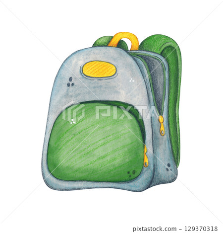 School backpack, briefcase, gray with green pocket and yellow straps. Watercolor illustration hand drawn, cartoon. Drawing for stickers, posters, card blanks, scrapbooking, journaling. School, bag 129370318