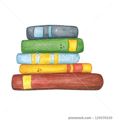 Stack of school books, textbooks. Watercolor illustration hand drawn, cartoon. Drawing for stickers, posters, postcard blanks, scrapbooking, journaling. School, pupil, student, notebook, green Stack of school books, textbooks. Watercolor illustration hand drawn, cartoon. Drawing for stickers, posters, postcard blanks, scrapbooking, journaling. School, pupil, student, notebook, green 129370320