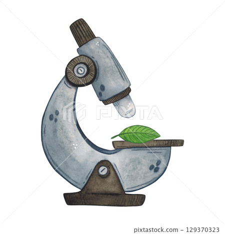Light microscope with leaf on stage. Watercolor hand drawn illustration, cartoon. Design for stickers, posters, card blanks, scrapbooking, journaling. science, laboratory, equipment, microscope, leaf 129370323